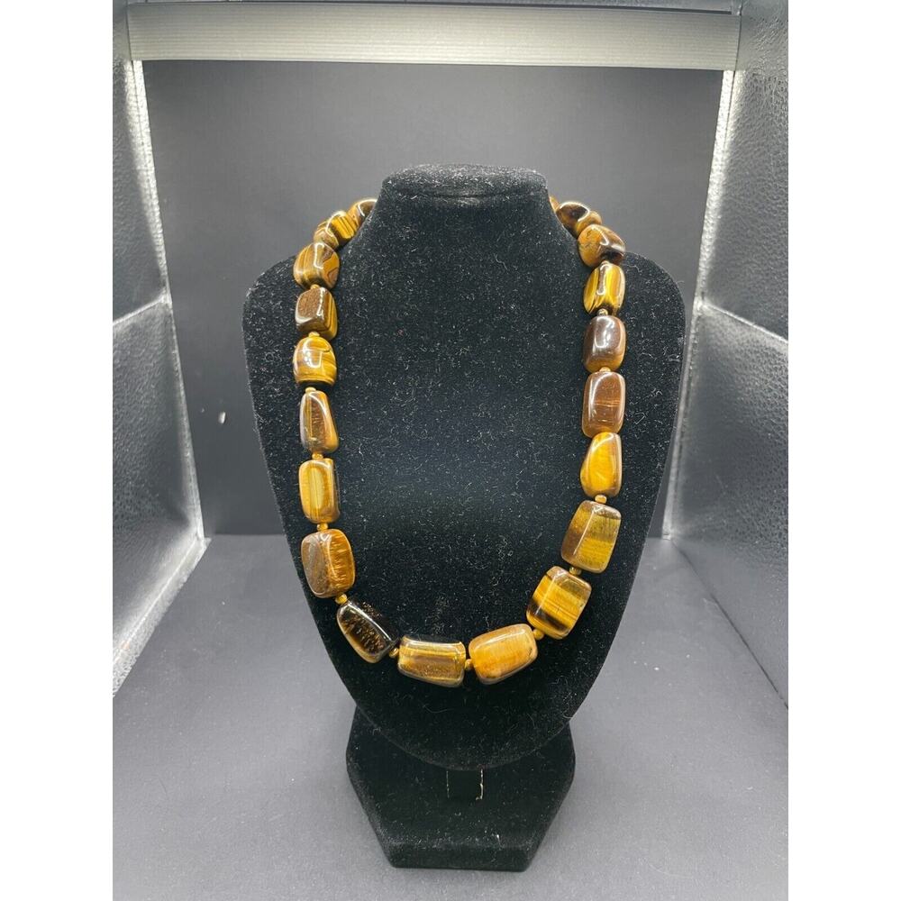 Vintage SX 925 Sterling Silver Tiger's Eye Beaded Toggle Clasp Necklace 18"